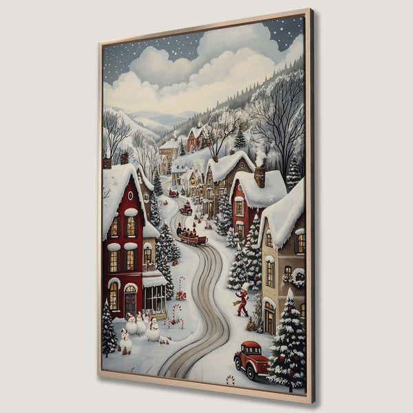Framed Wall Art featuring a charming winter village scene. Cozy, whimsical style with red houses, snowy landscapes, and a warm, inviting color palette. Perfect holiday decor!