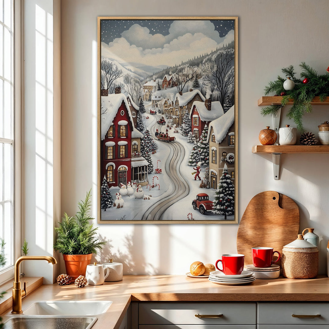 Framed Wall Art: Cozy winter village scene in a warm, inviting style. Featuring a snowy landscape with red and neutral tones, perfect for holiday decor.