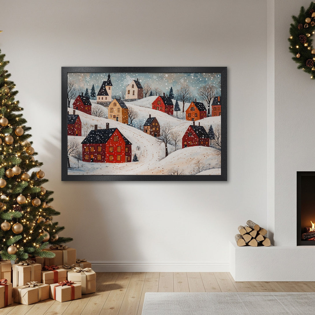 Framed Poster of a snowy village scene, folk art style, with red, brown, and blue hues. Perfect holiday decor!