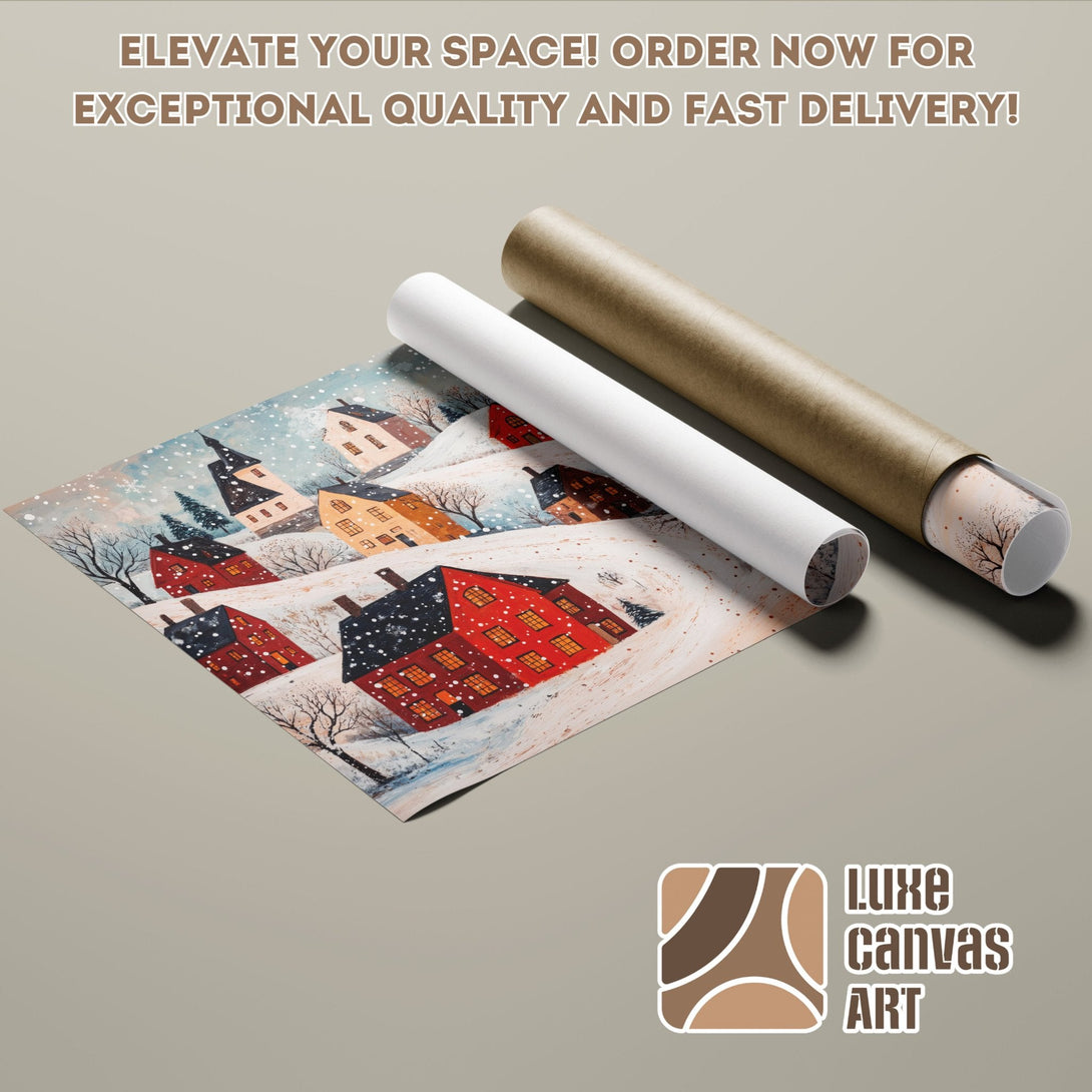 Winter village art poster roll with red houses, blue sky, and neutral tones. Order now!