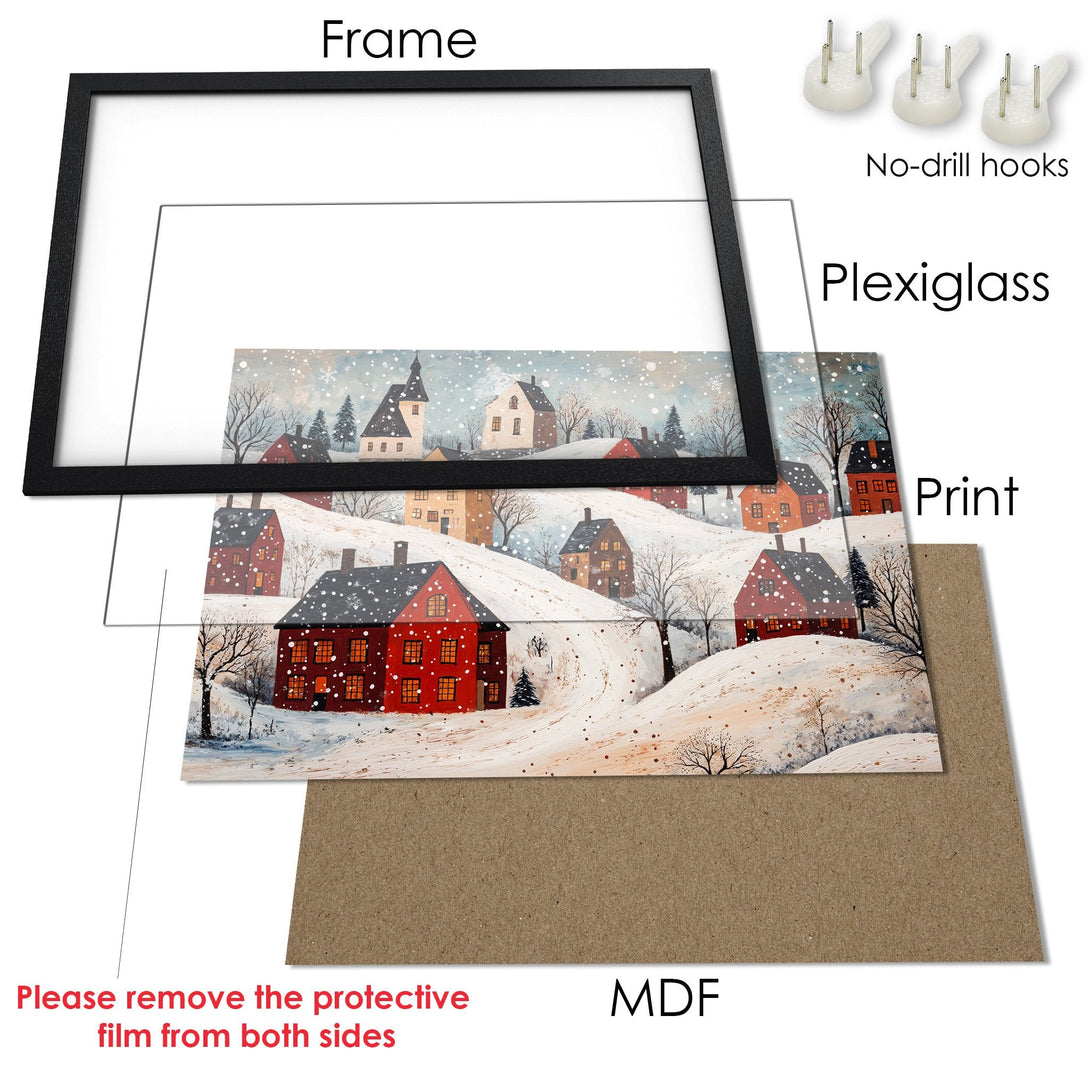 Framed Poster featuring a winter village scene. Charming, painterly style with a warm, inviting color palette. Perfect wall art for any home.
