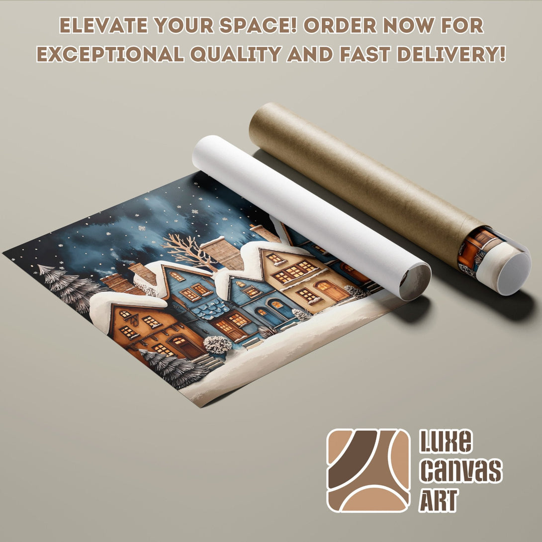 Winter village poster roll art print, blue and brown color palette, perfect for home decor.