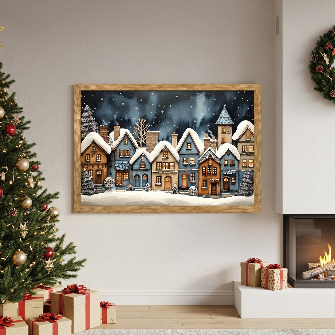 Framed Poster of a winter village scene, watercolor style, with blue, brown, and white color palette. Perfect holiday decor!