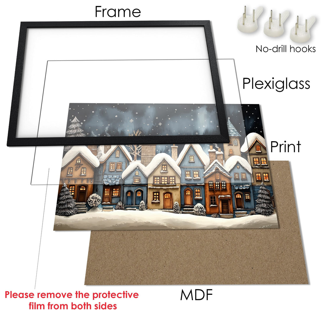 Framed Poster featuring a charming winter village scene in a watercolor style with a blue and brown color palette. Perfect wall art!