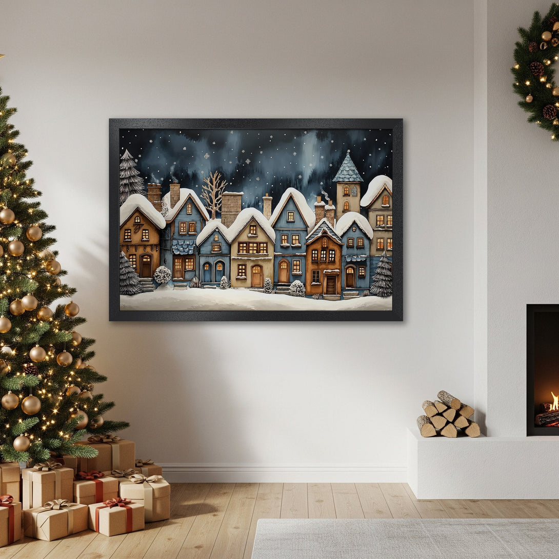 Framed Poster of a winter village scene in a watercolor style with blue, brown, and white tones. Perfect Christmas decor!