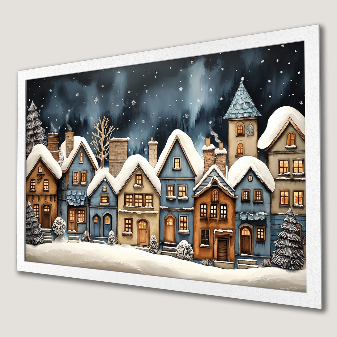Framed Poster of a charming winter village scene. Watercolor style with a blue, brown, and white color palette. Perfect holiday decor!