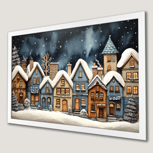 Framed Poster of a charming winter village scene. Watercolor style with a blue, brown, and white color palette. Perfect holiday decor!