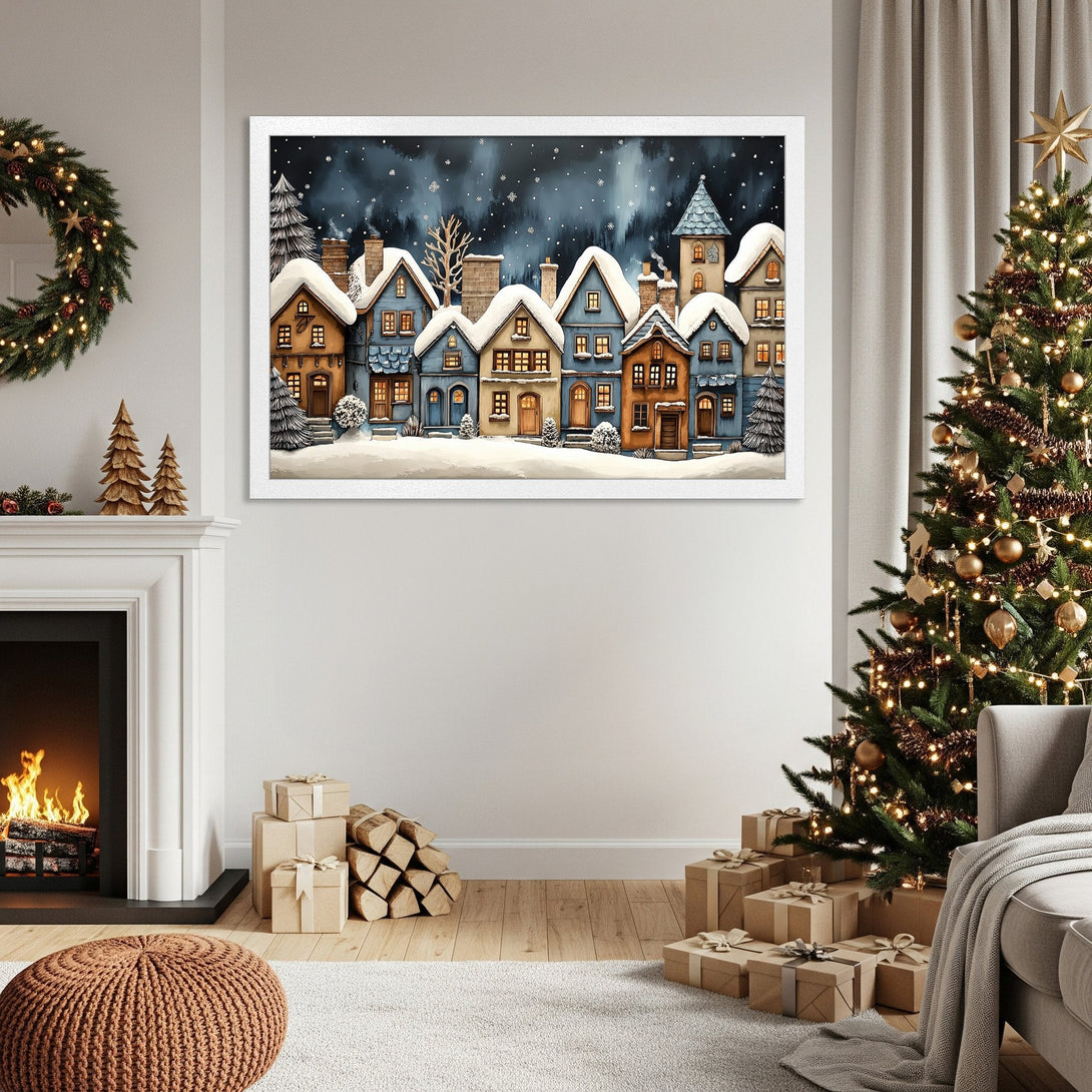 Framed Poster featuring a winter village scene, watercolor style, blue/brown palette, perfect for holiday decor.