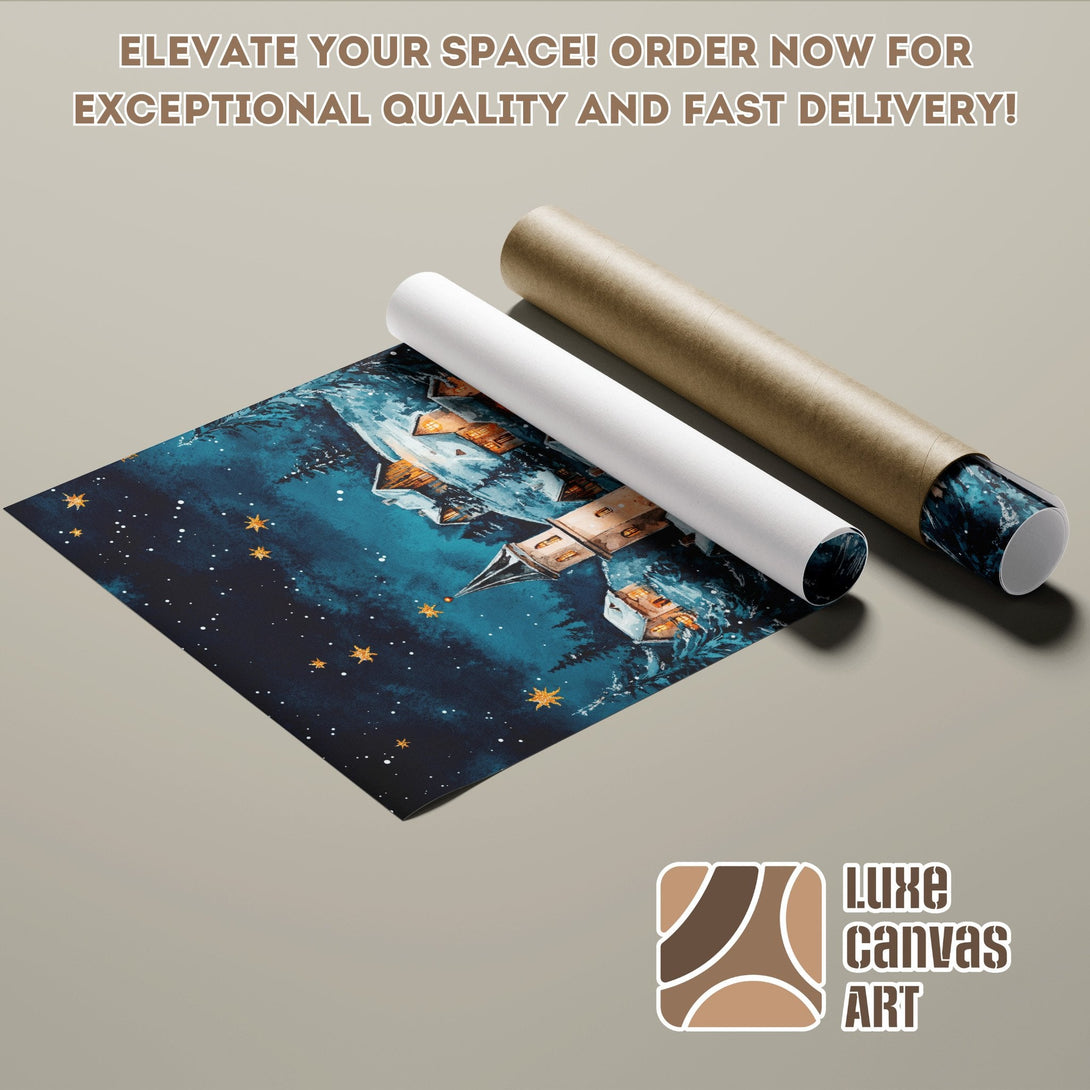 Poster Roll featuring a starry night scene with a castle, in a blue and gold color palette. Order yours today!