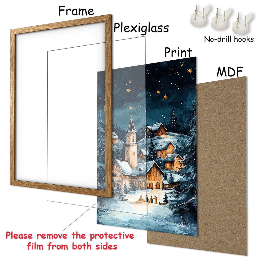 Framed Poster featuring a winter village scene in watercolor style with a blue, gold, and brown color palette. Perfect wall art!