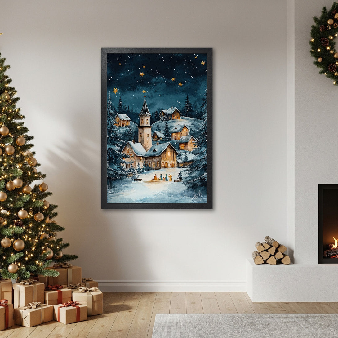 Framed Poster of a winter village scene in watercolor style. Features a blue and gold color palette, perfect for holiday decor.