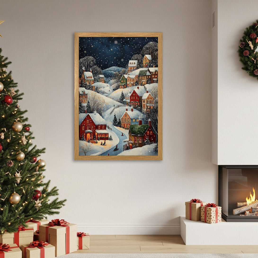 Framed Poster of a winter village scene, watercolor style, with a warm, inviting color palette. Perfect holiday decor.