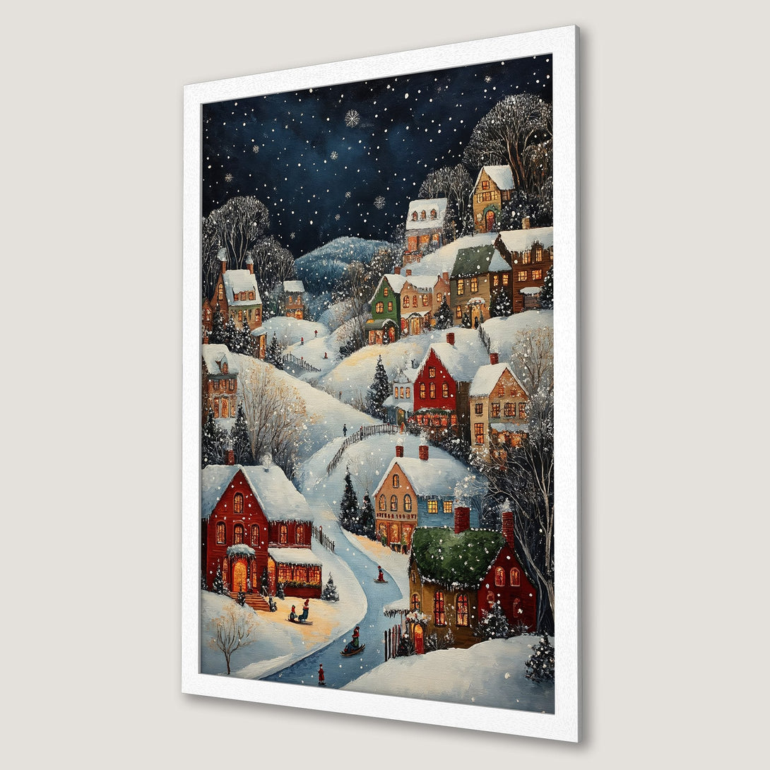 Framed Poster of a winter village scene in a painterly style with a blue, red, and white color palette, perfect for holiday decor.
