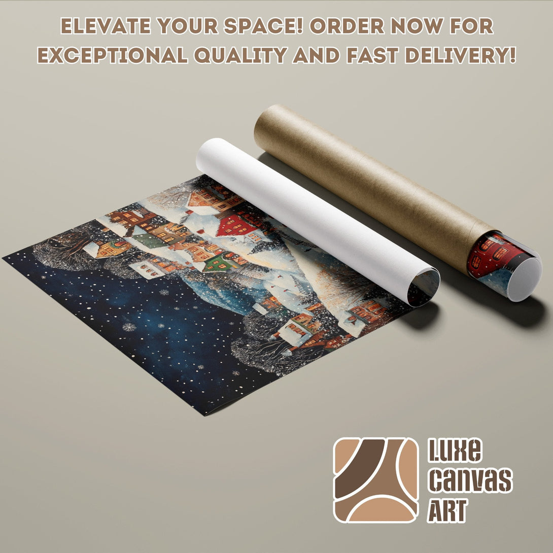 Winter village Poster Roll art print, featuring a blue, white, and brown color palette. Order now!