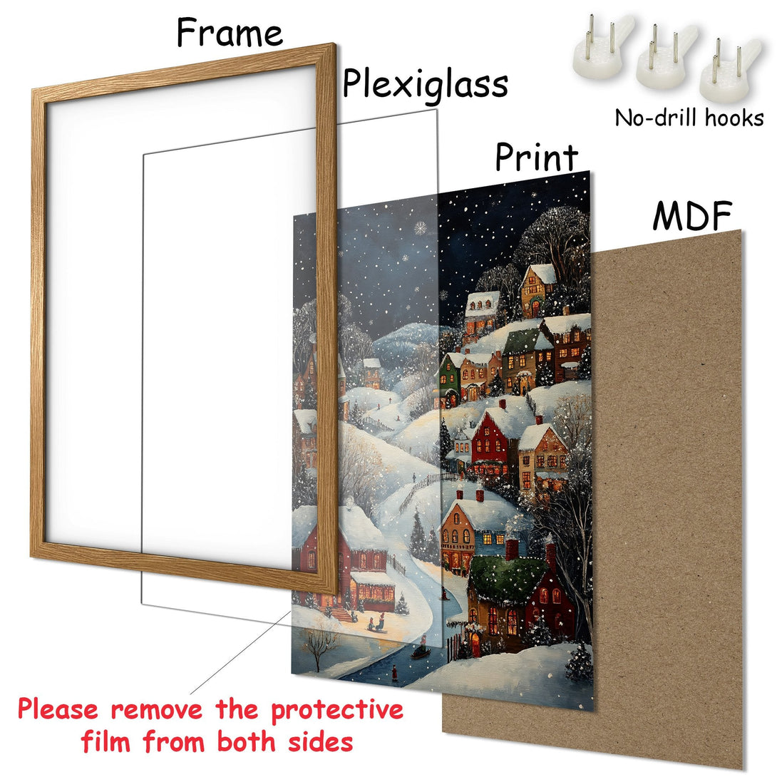 Framed Poster featuring a winter village scene in a cozy, illustrative style. Warm reds, greens, and blues create a festive color palette.