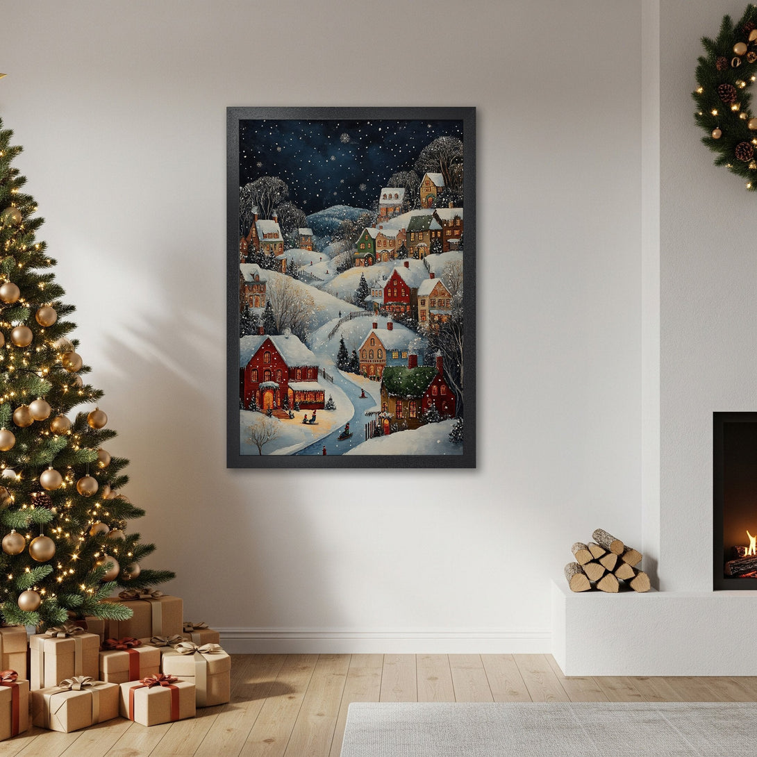 Framed Poster of a snowy village scene, watercolor style, featuring a warm winter color palette. Perfect holiday decor!