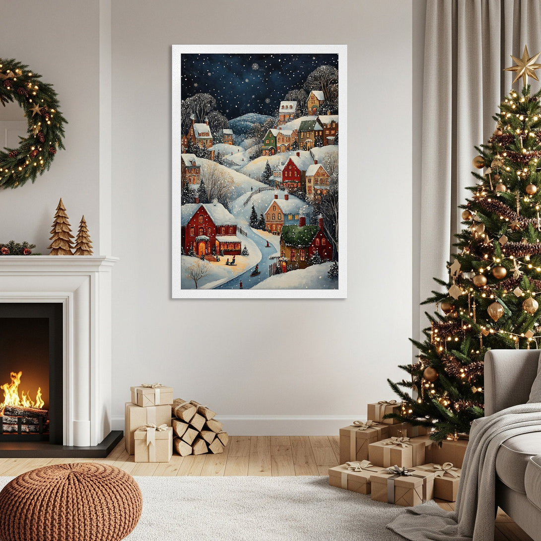 Framed Poster of a snowy village scene in a cozy, watercolor style. Features a warm, inviting color palette perfect for holiday decor.