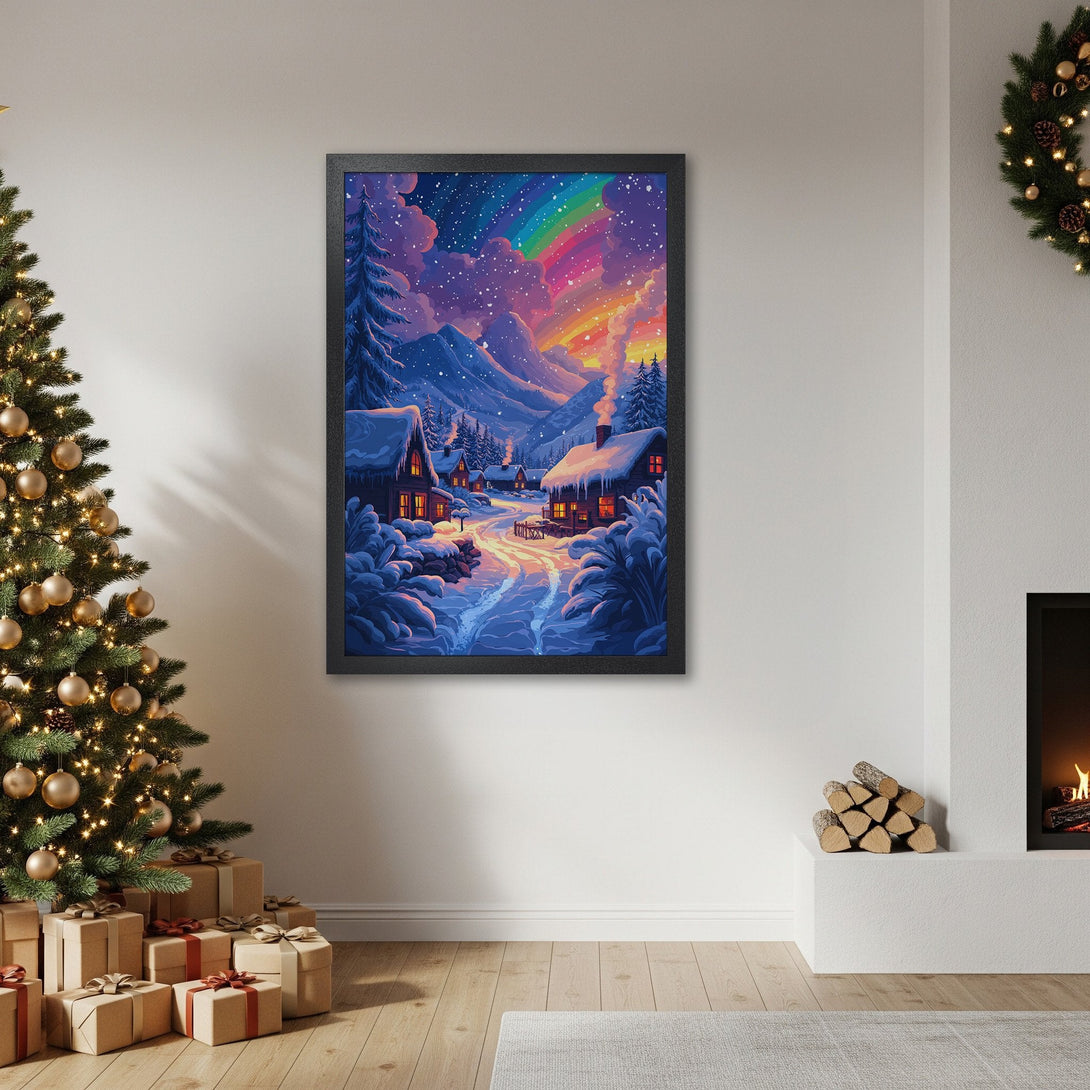 Framed Poster of a winter village scene with a rainbow, in a dreamy, colorful style. Perfect for holiday decor.
