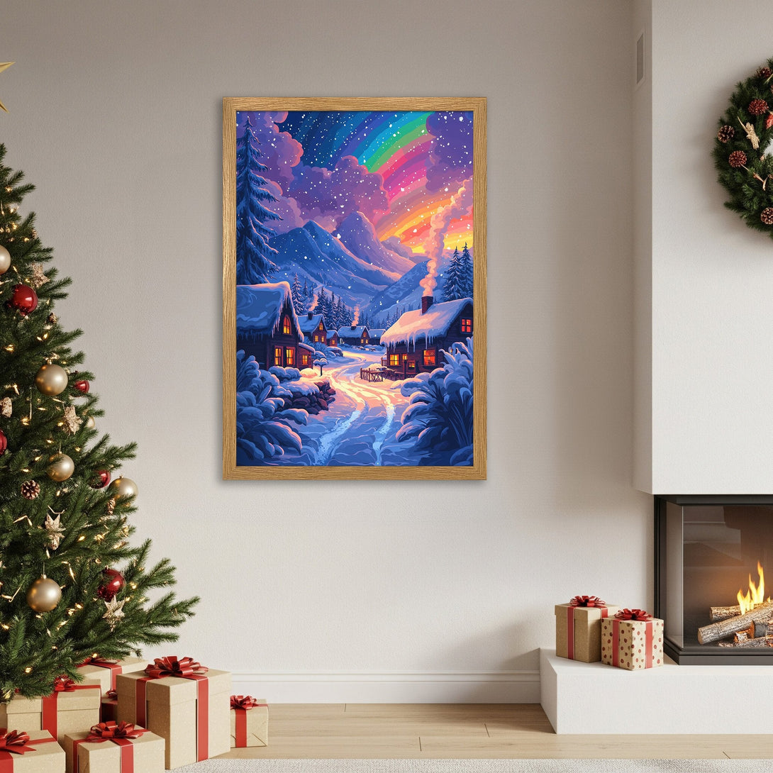 Framed Poster of a winter village scene with a rainbow, in a vibrant blue, purple, and orange color palette. Perfect wall art!
