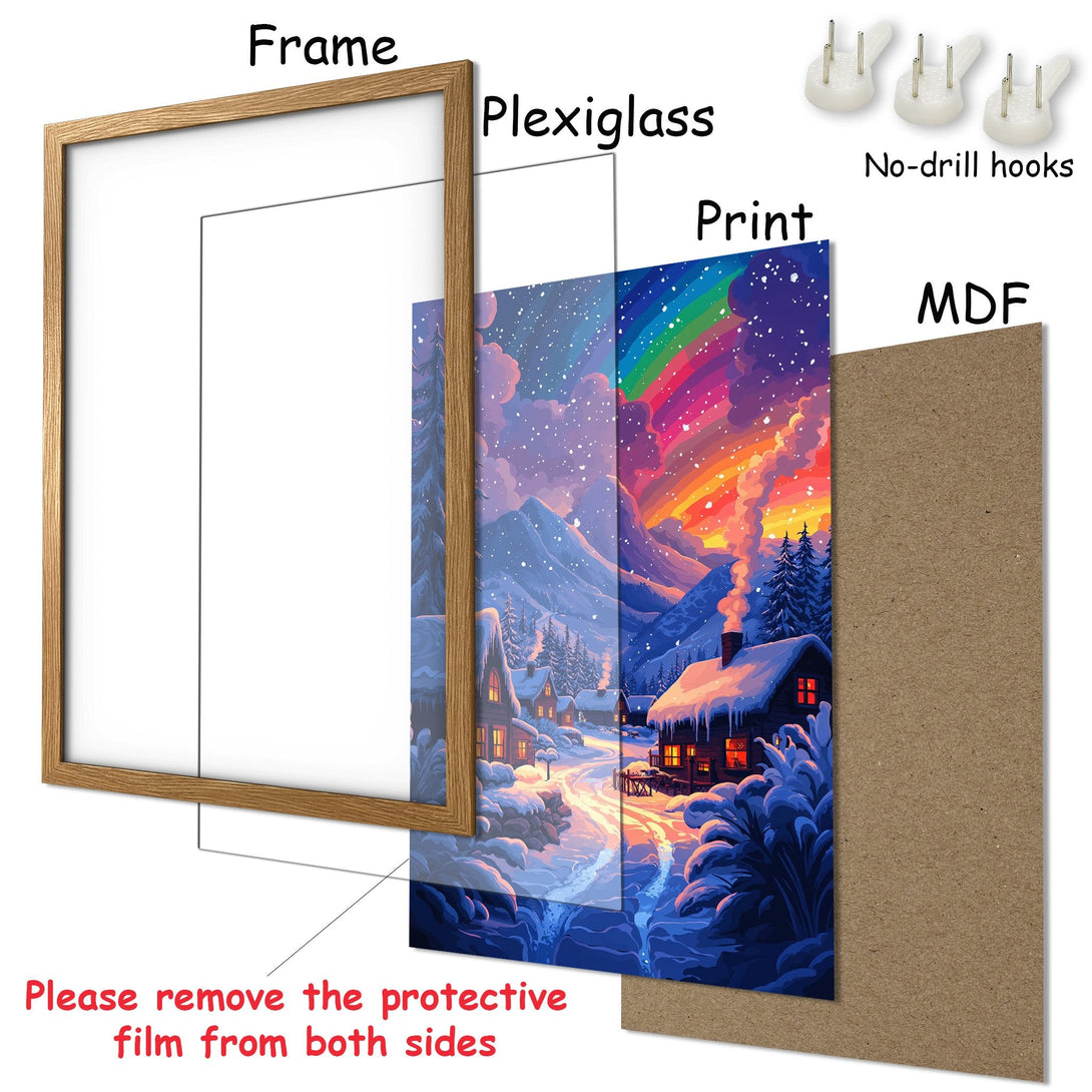 Framed Poster featuring a winter landscape with a vibrant rainbow. Whimsical style, cool blue and warm orange color palette.