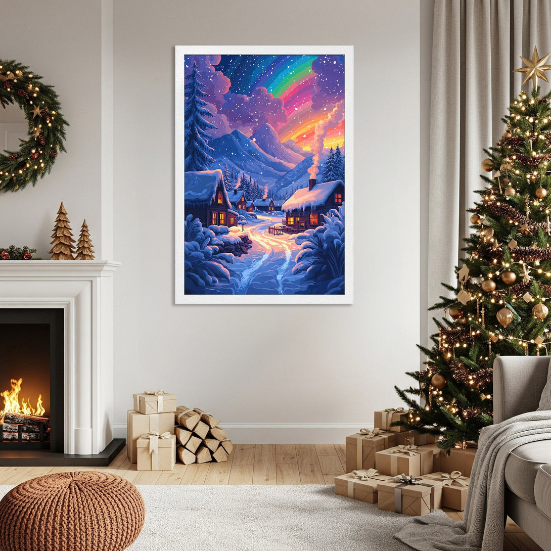 Framed Poster of a winter village scene with a rainbow, vibrant colors. Perfect holiday decor.