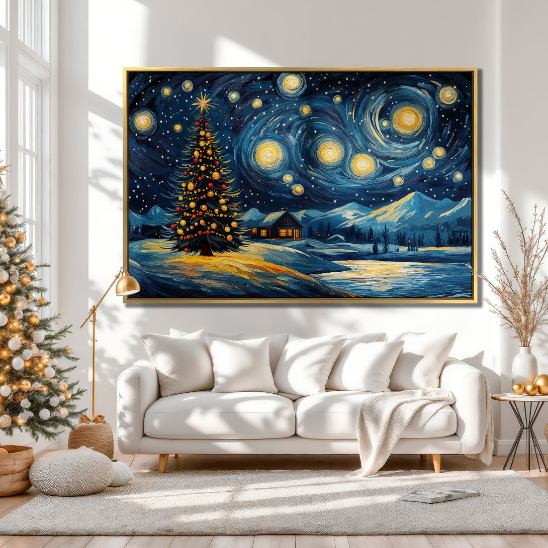 Canvas Print of a starry night Christmas scene in a Van Gogh style. Blue, yellow, and white color palette. Perfect holiday wall art.