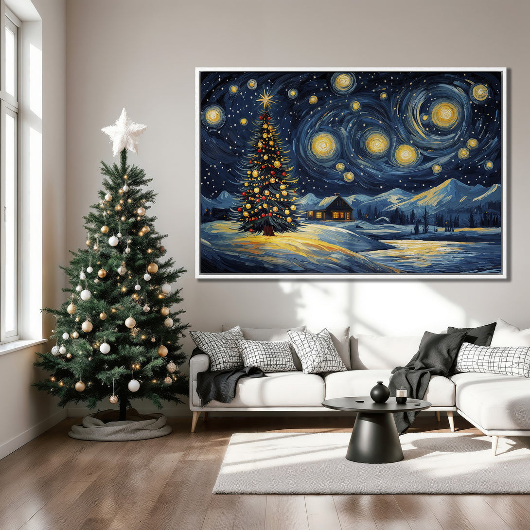 Framed Wall Art of a winter Christmas scene in a Van Gogh style. Features a decorated tree, starry sky, and a cool blue and yellow palette. Perfect holiday decor.