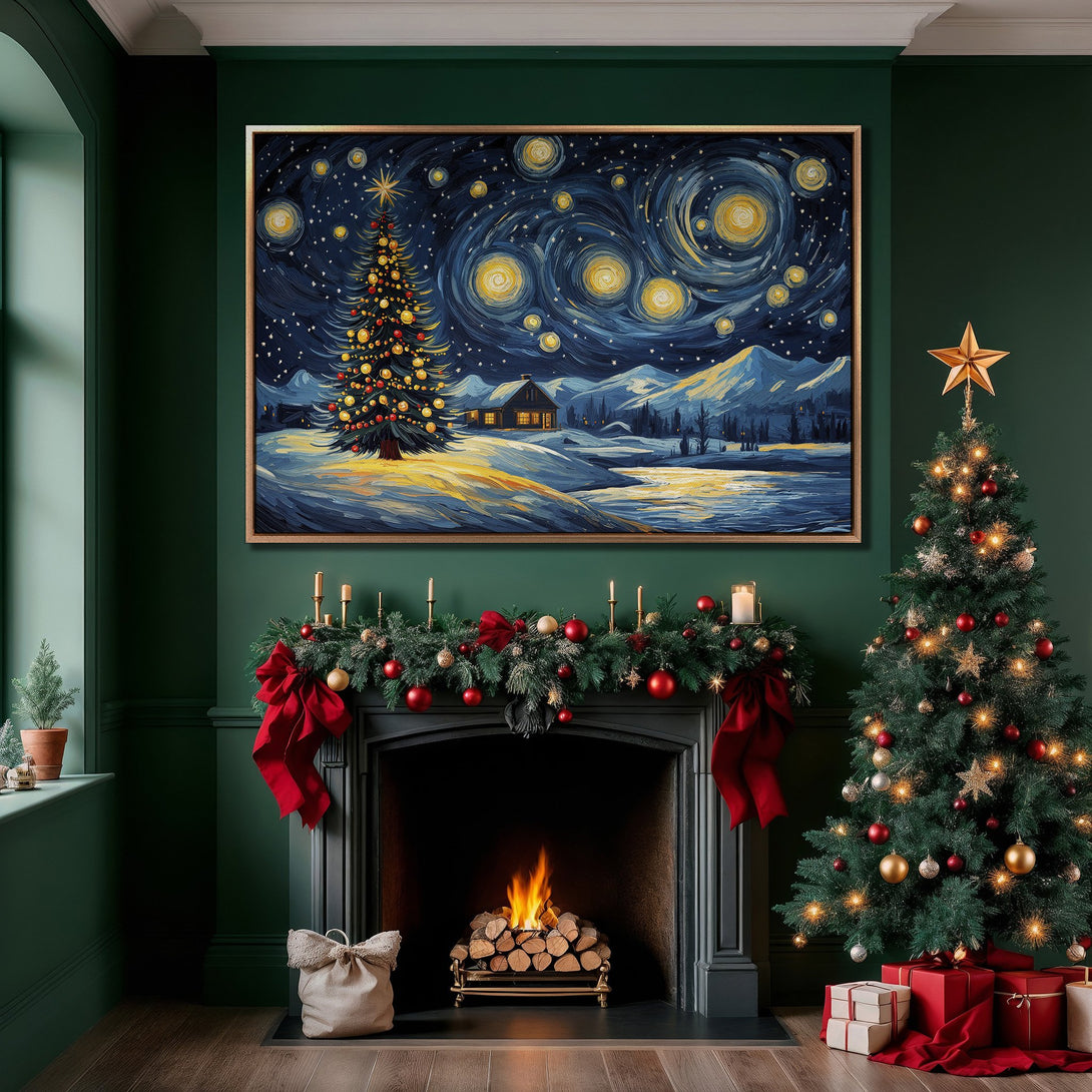 Framed Wall Art: Winter landscape Canvas Print in Van Gogh style, featuring Christmas tree, dark blue and gold color palette, perfect for holiday decor.