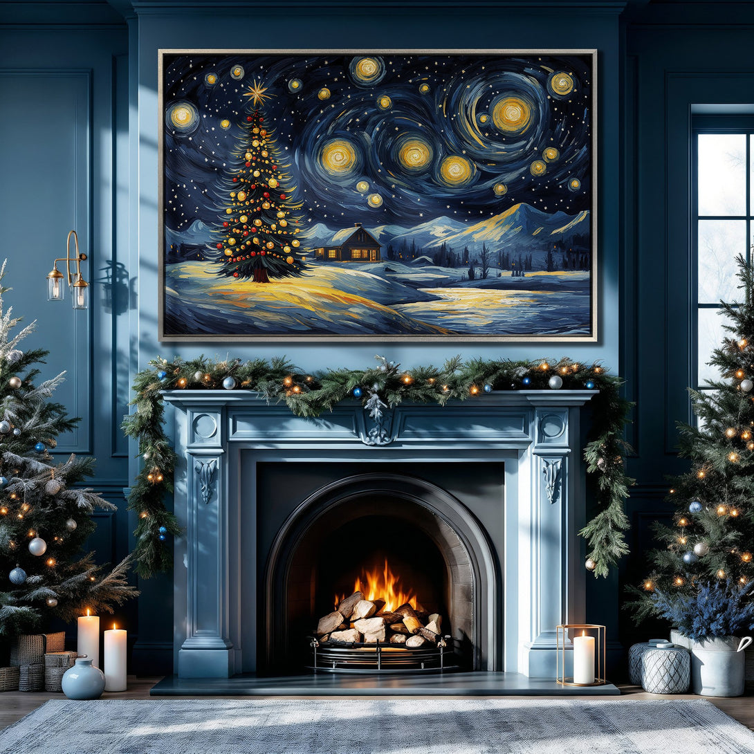 Framed Wall Art: Christmas tree painting in a starry night style. Blue, yellow, and gold color palette. Perfect holiday decor for a cozy interior.