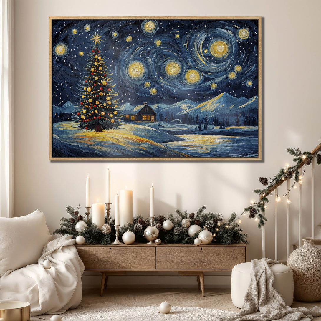 Framed Wall Art: Winter Christmas scene in Van Gogh style. Blue, yellow, and white palette. Perfect holiday home decor.