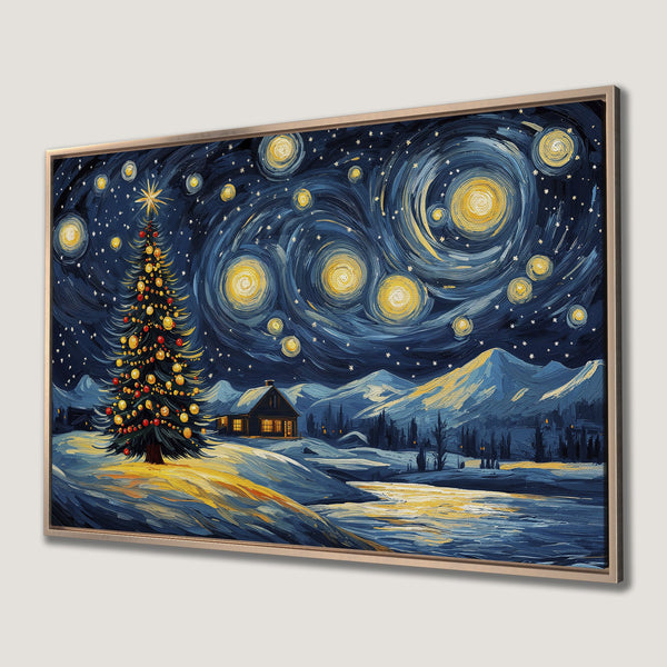 Framed Wall Art: Winter landscape with Christmas tree, starry night sky, and house. Impressionistic style, blue and gold color palette. Perfect holiday decor.