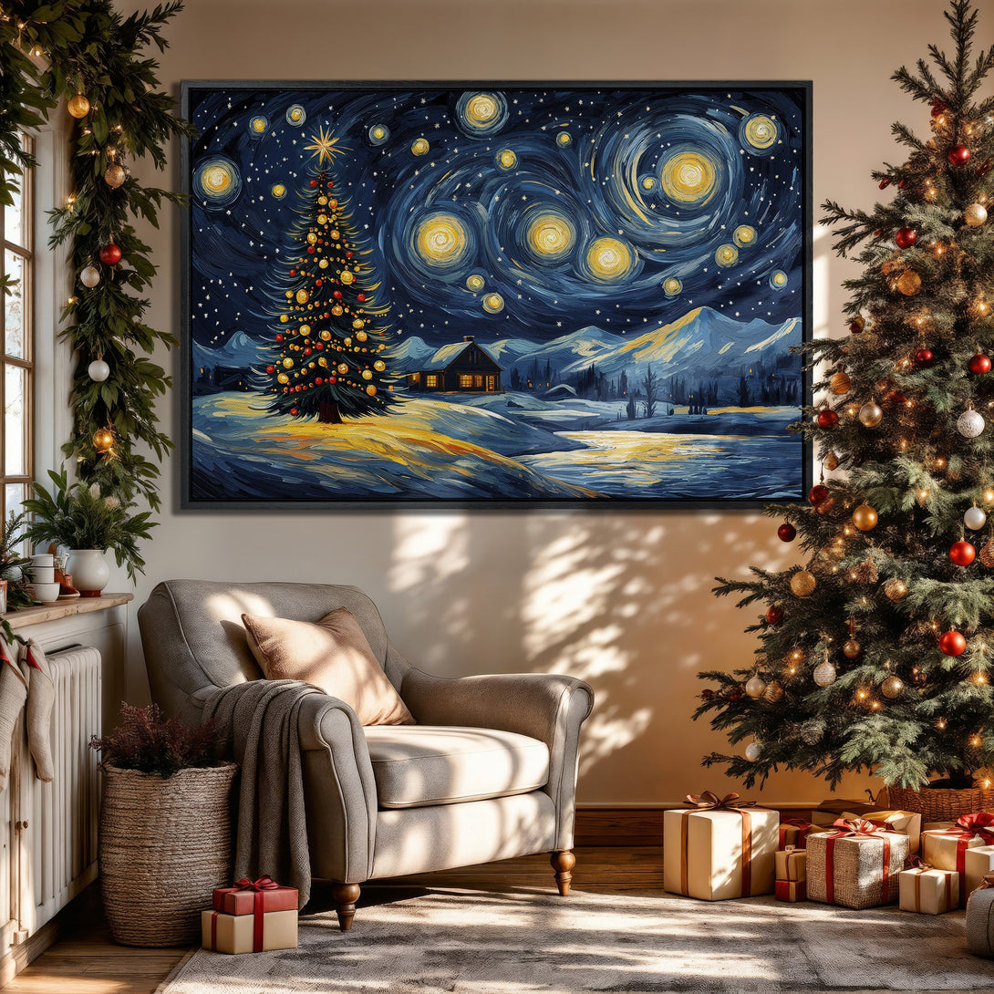 Framed Wall Art featuring a starry night Christmas scene in a Van Gogh style. Blue, yellow, and gold color palette, perfect for holiday decor.