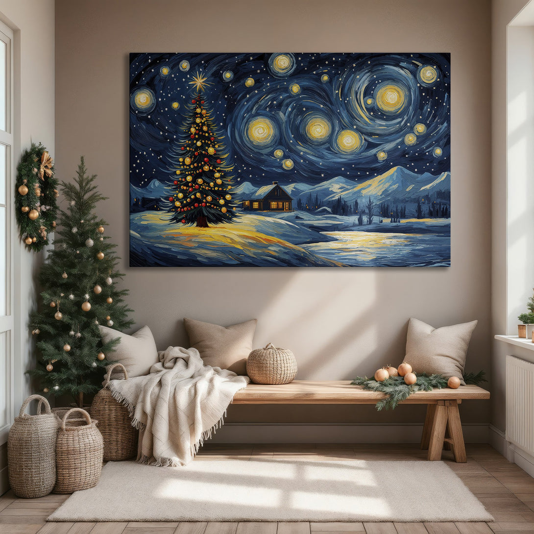 Framed Wall Art: Starry night Christmas scene in impressionist style, featuring a decorated tree. Blue, yellow, and white color palette. Perfect holiday decor.