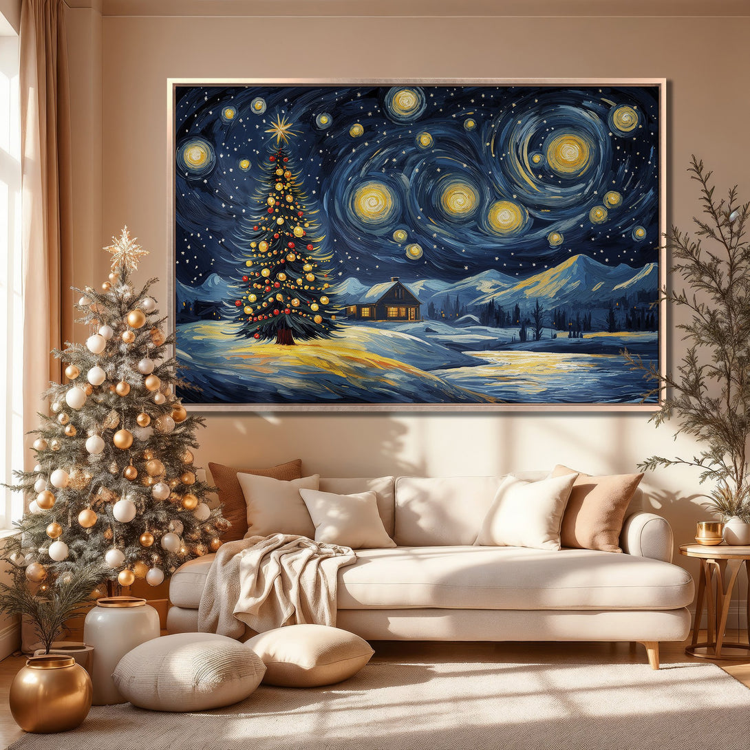 Framed Wall Art: Christmas scene in a Van Gogh style, featuring a starry night, snowy landscape, and a decorated tree. Blue and gold color palette.