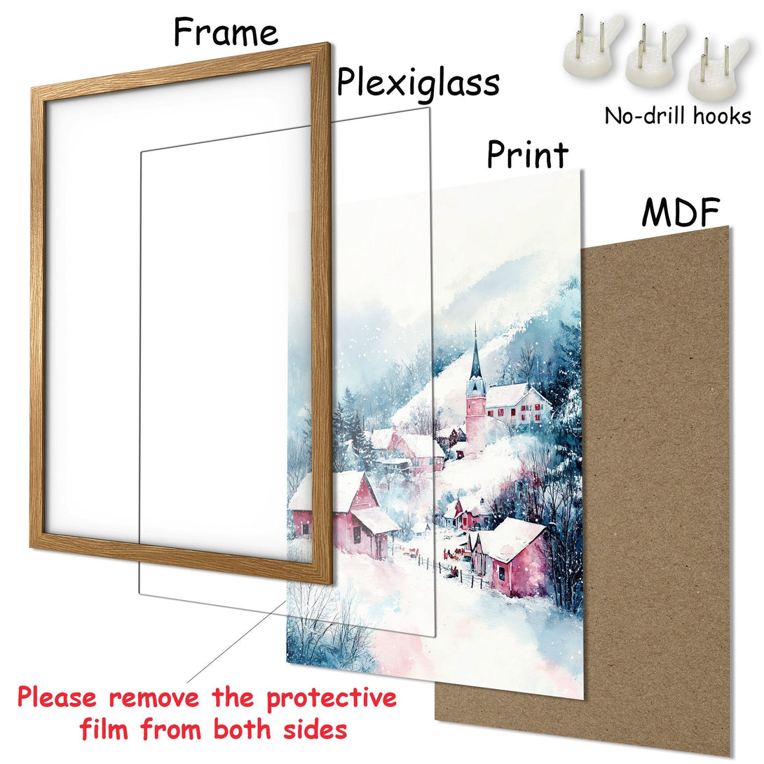 Framed Poster featuring a winter village watercolor painting in a blue and red color palette. Perfect wall art for your home!