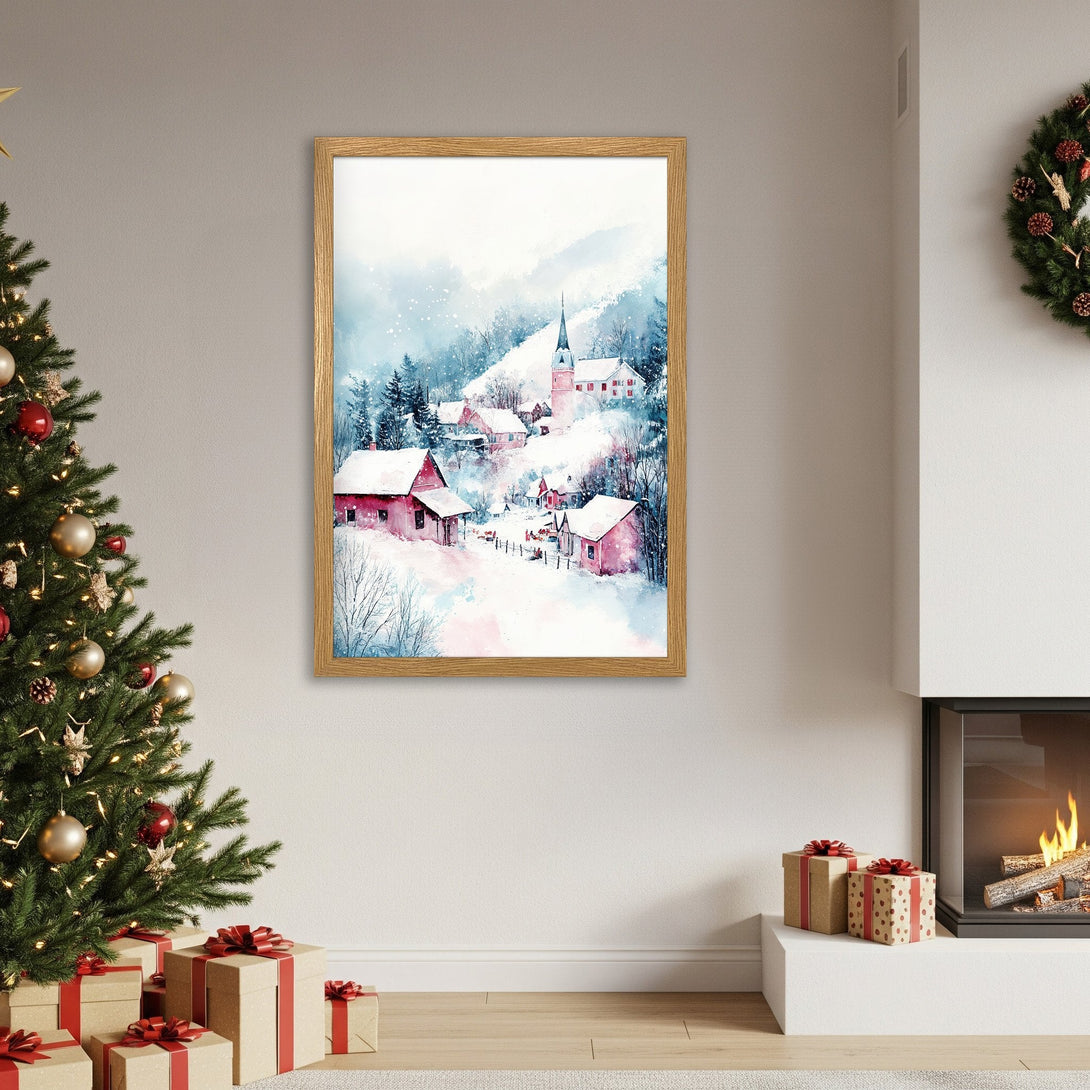Framed Poster of a winter village scene in watercolor style, featuring a snowy landscape with a pink and blue color palette.
