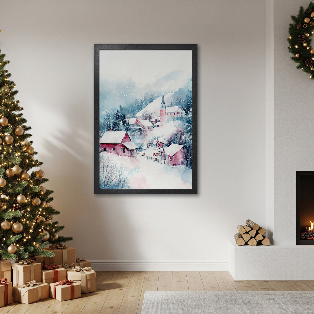 Framed Poster featuring a watercolor winter village scene in blue, pink, and white. Perfect holiday decor!