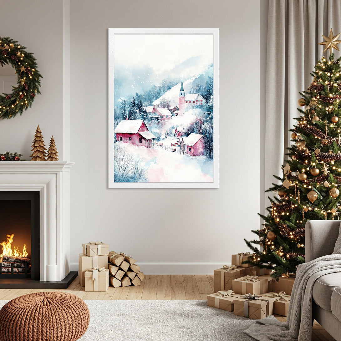 Framed Poster of a winter village scene, watercolor style with blue, pink, and white hues. Perfect Christmas decor!
