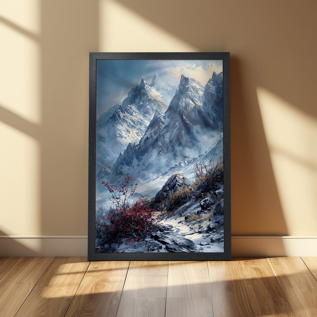 Framed Poster of a snowy mountain landscape in blue and white, with a touch of red. Perfect wall art for your home!