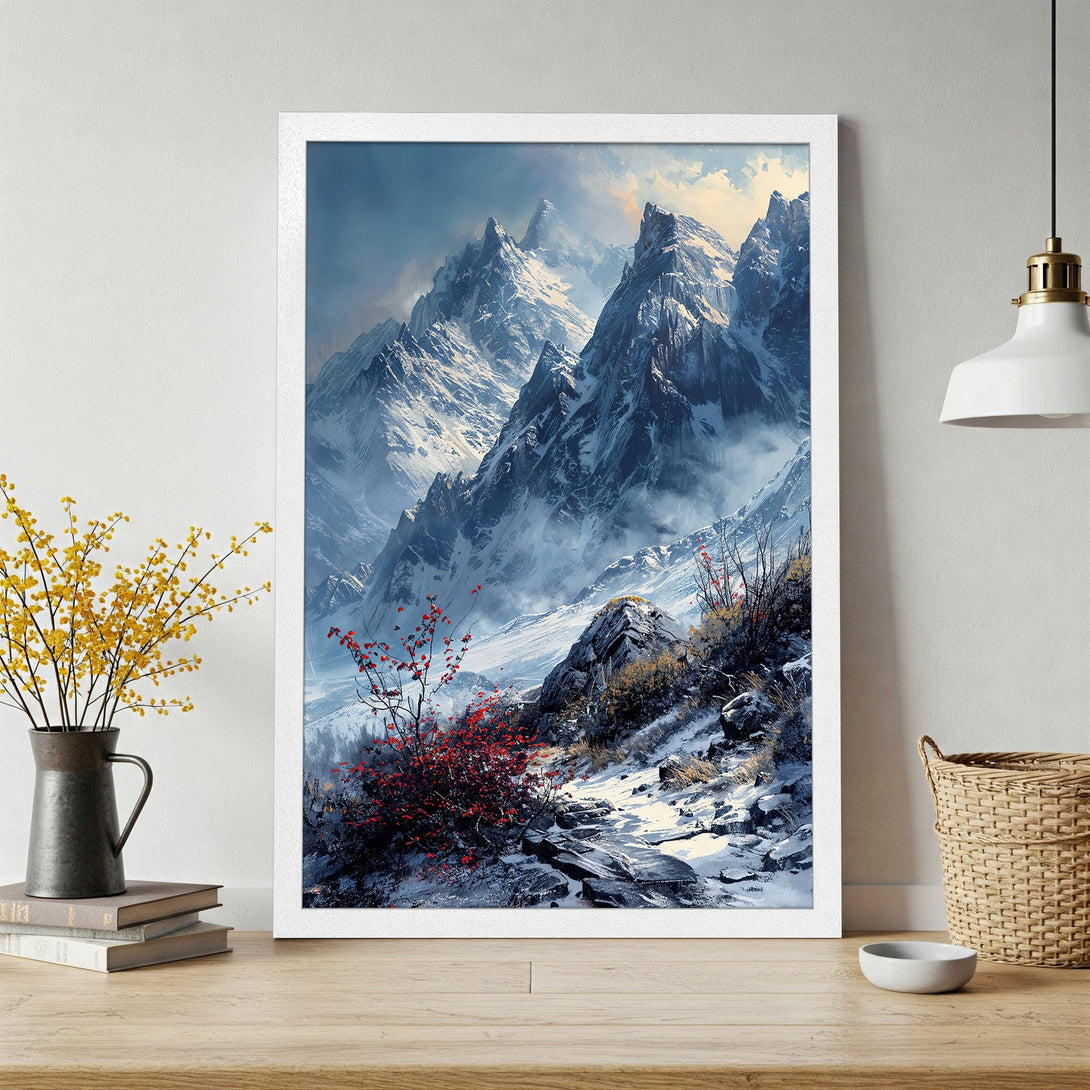 Framed Poster featuring a stunning mountain landscape in cool blues and whites, with a touch of red. Perfect wall art for any home.