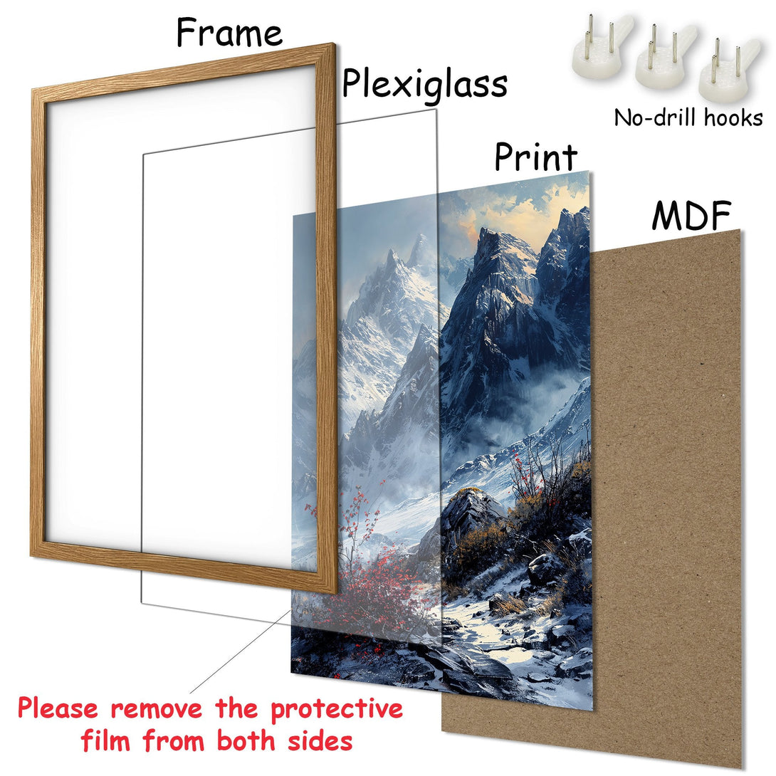 Framed Poster: Majestic mountain landscape art print in cool blue and white tones. Perfect wall decor!