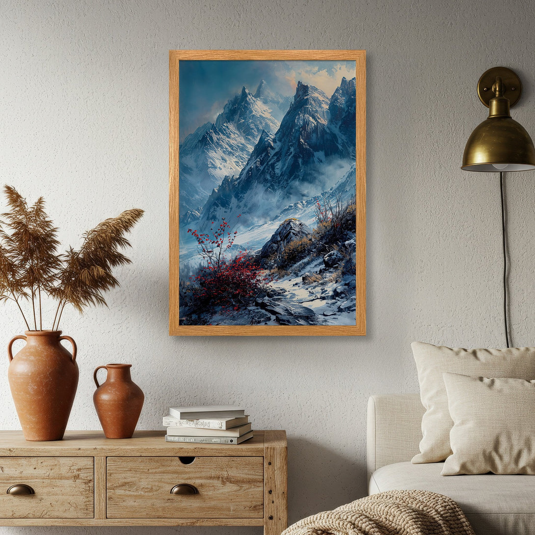 Framed Poster of majestic snow-capped mountains, a stunning landscape art piece. Blue and white color palette, perfect for home decor.