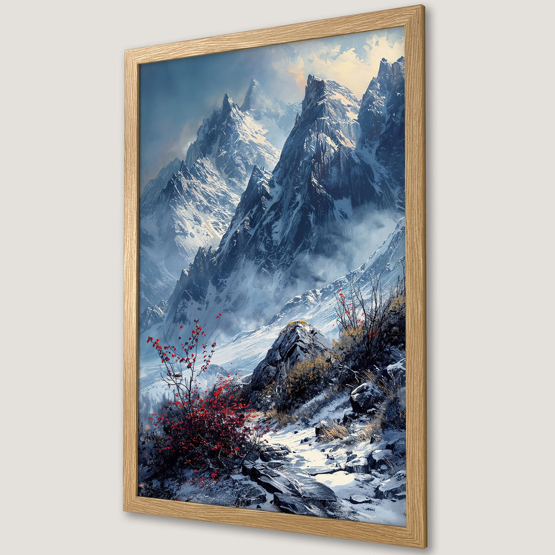 Framed Poster of a stunning mountain landscape painting, featuring a cool blue and white color palette with pops of red. Perfect wall art!