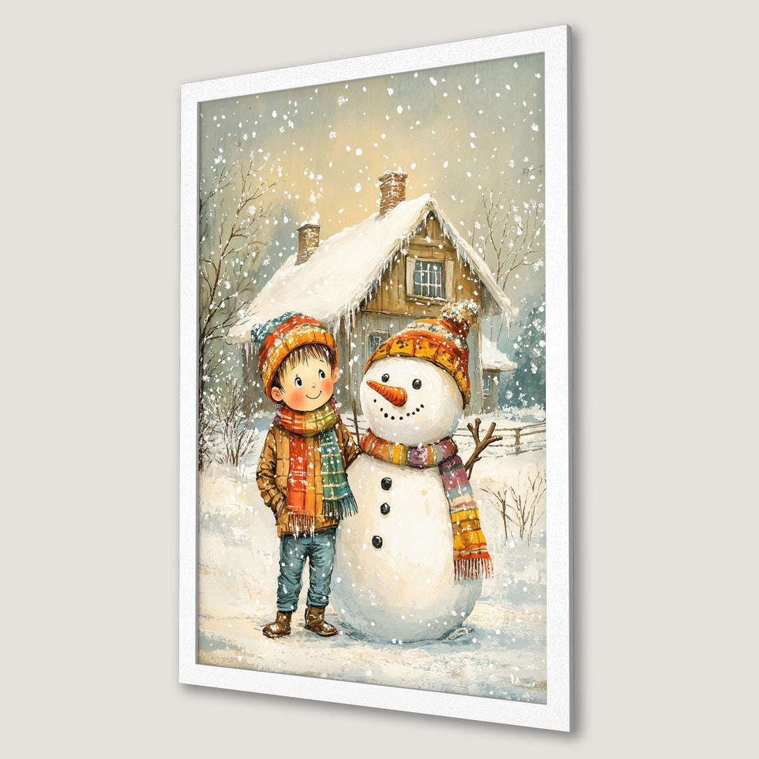 Framed Poster featuring a boy and snowman in a winter watercolor style with a warm, inviting color palette. Perfect holiday decor!