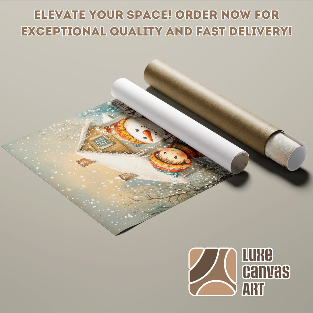 Winter scene Poster Roll, whimsical art, warm color palette, ready to hang.