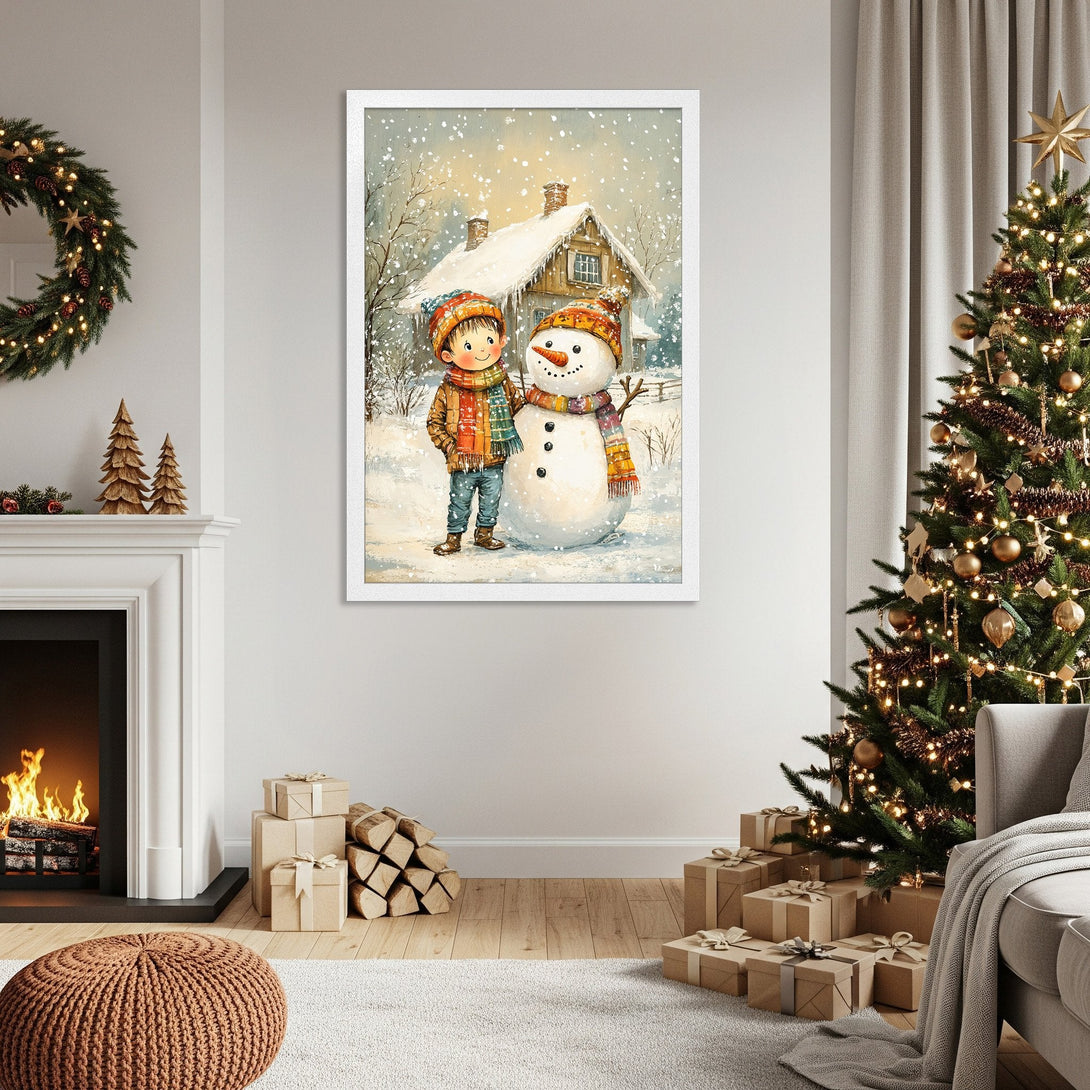 Framed Poster featuring a boy and snowman in a winter scene, whimsical style, warm color palette. Perfect holiday decor!