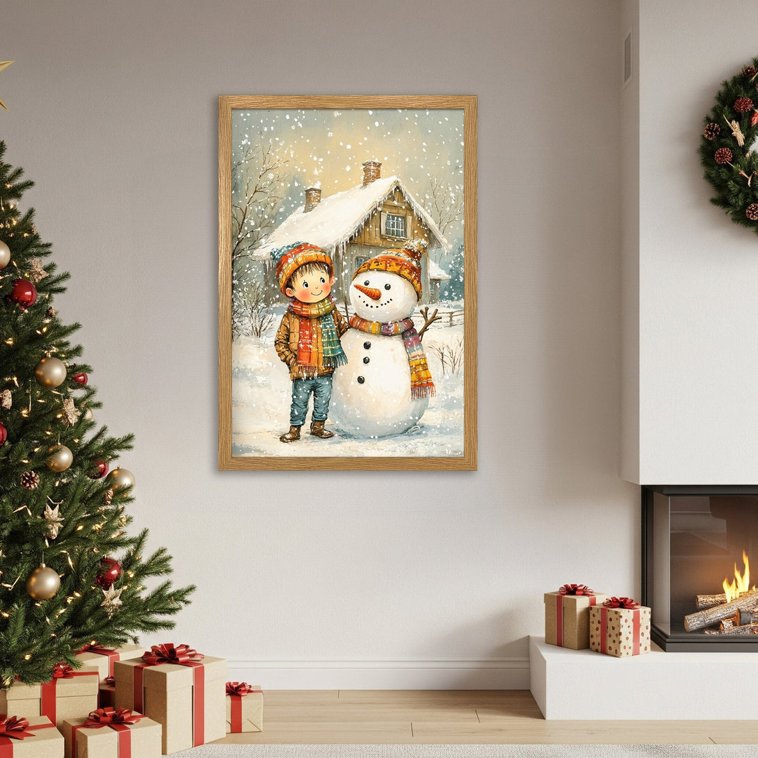 Framed Poster featuring a boy and snowman in a winter scene, warm color palette, perfect for holiday decor.
