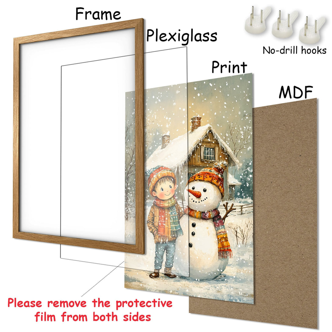 Framed Poster featuring a winter scene with a snowman and child, in a cozy, watercolor style with a warm, neutral color palette.
