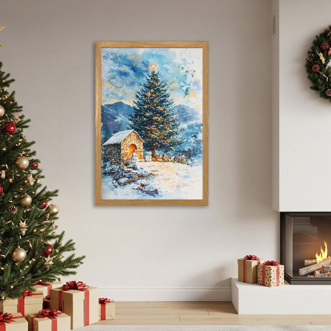 Framed Poster featuring a watercolor Christmas scene with a snowy landscape and festive colors. Perfect holiday decor!