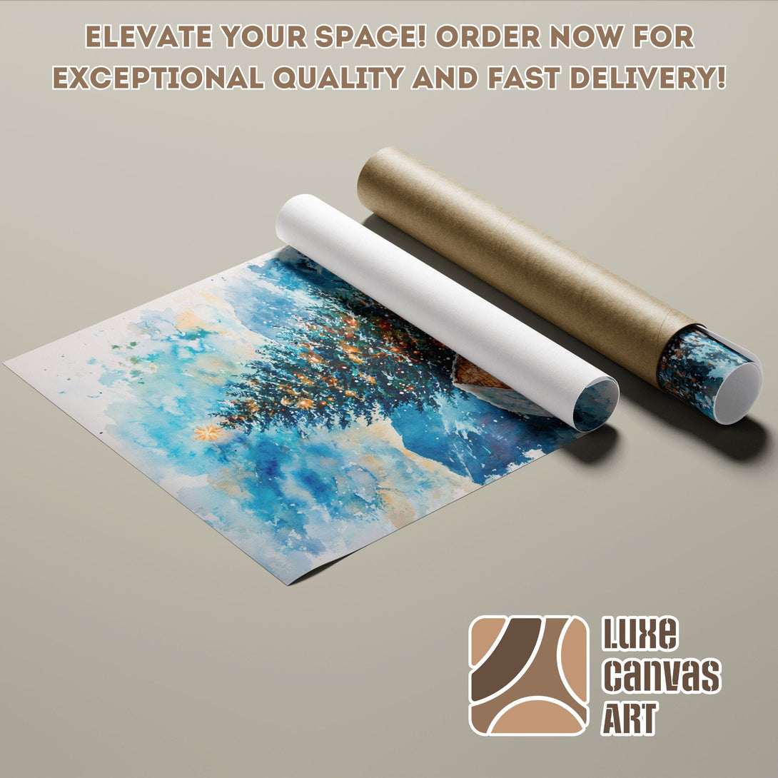 Watercolor Christmas tree Poster Roll in blue tones. Elevate your space with Luxe Canvas Art!